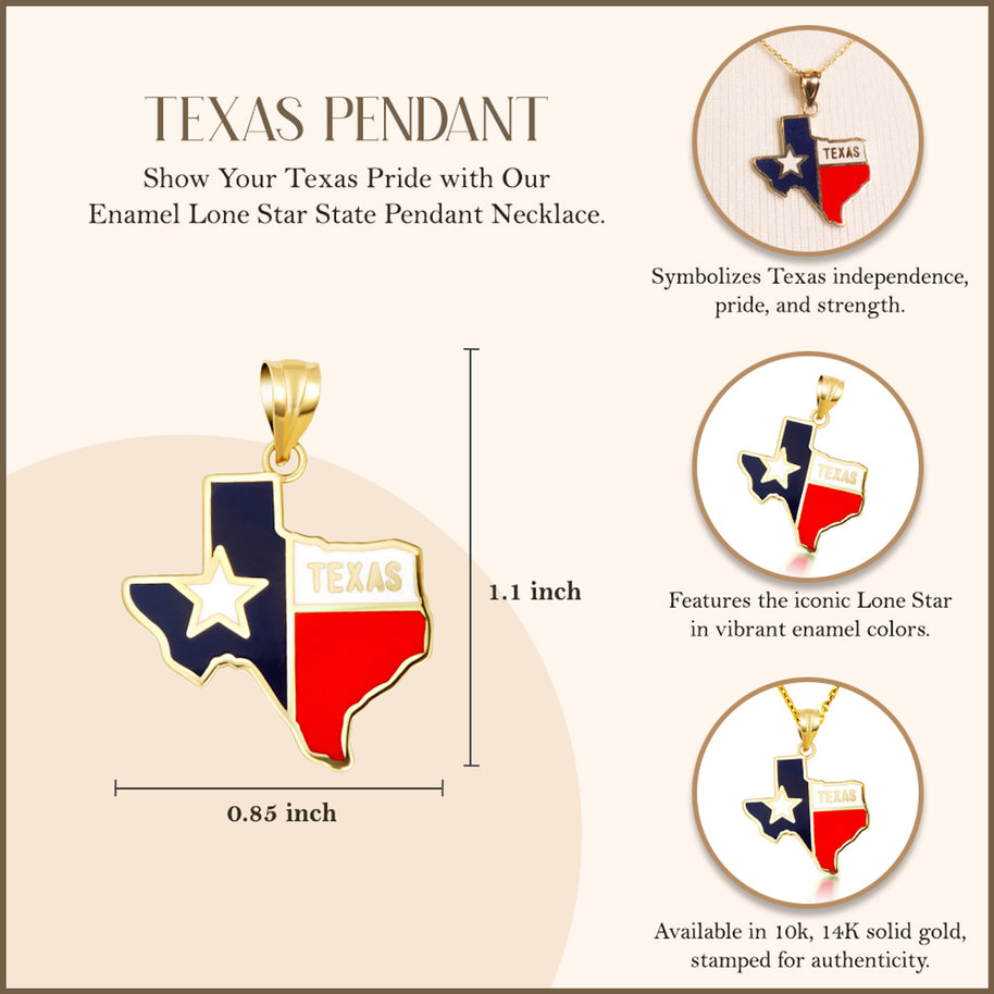 Gold Enamel Texas Lone Star State Pendant Necklace (Available in Yellow/Rose/White Gold)