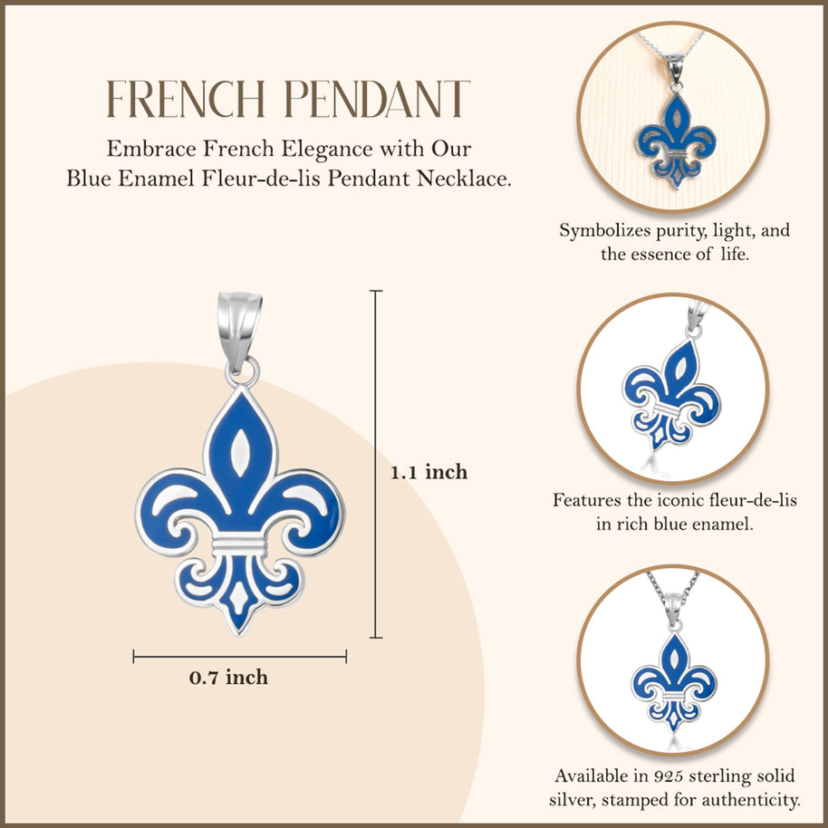 .925 Sterling Silver Blue Enamel French Fleur-de-lis Pendant Necklace