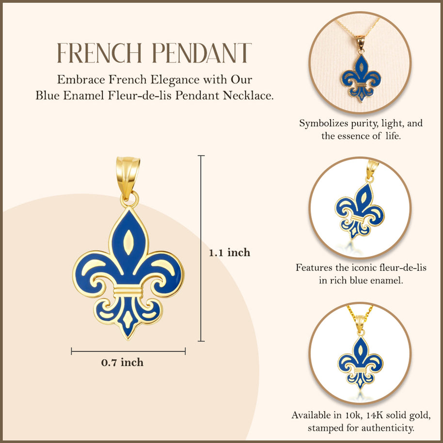 Gold Blue Enamel French Fleur-de-lis Pendant Necklace (Available in Yellow/Rose/White Gold)