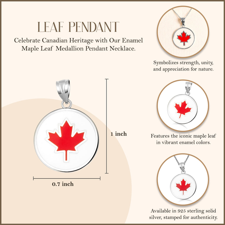 .925 Sterling Silver Enamel Canadian Maple Leaf Medallion Pendant Necklace