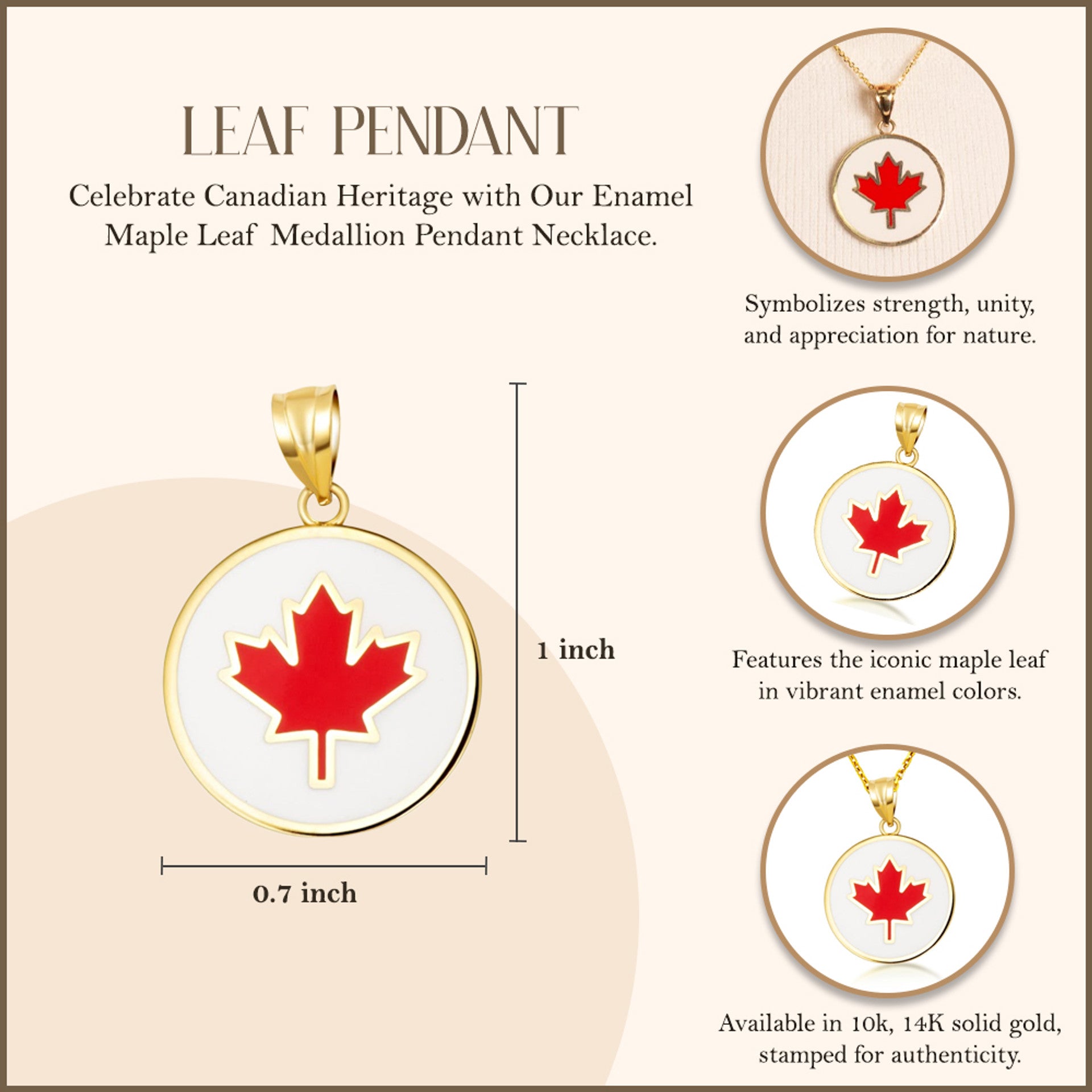 Gold Enamel Canadian Maple Leaf Medallion Pendant Necklace (Available in Yellow/Rose/White Gold)