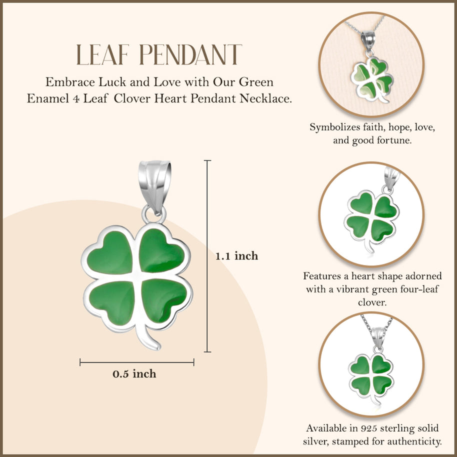 .925 Sterling Silver Green Enamel Lucky 4 Leaf Clover Heart Pendant Necklace