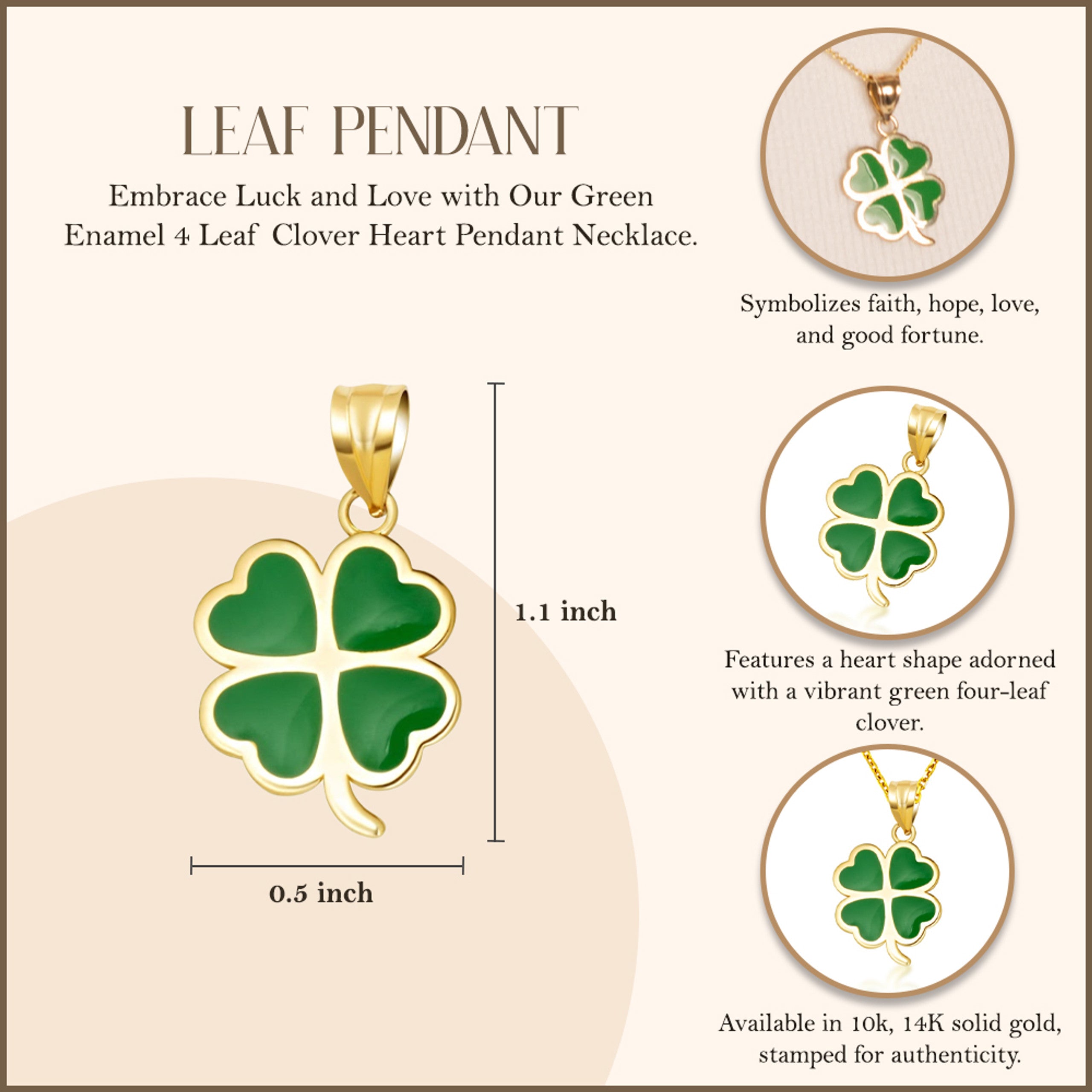 Gold Green Enamel Lucky 4 Leaf Clover Heart Pendant Necklace (Available in Yellow/Rose/White Gold)