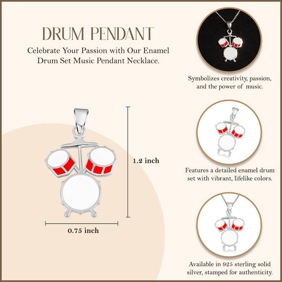 .925 Sterling Silver Enamel Drum Set Music Pendant Necklace