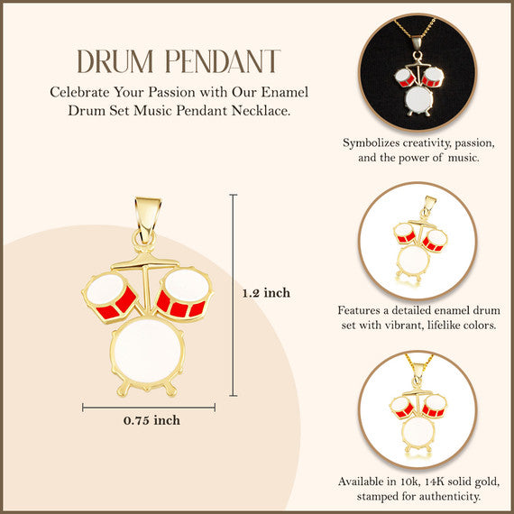Gold Enamel Drum Set Music Pendant Necklace (Available in Yellow/Rose/White Gold)