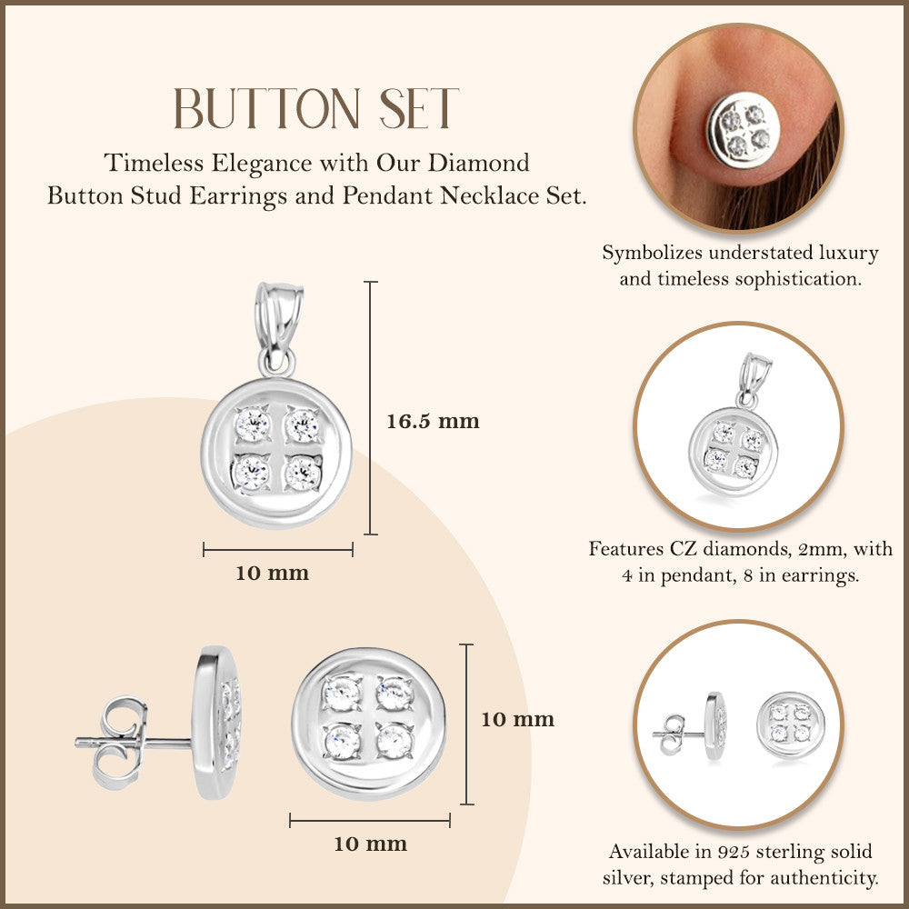.925 Sterling Silver Button Stud Earrings Pendant Necklace Set