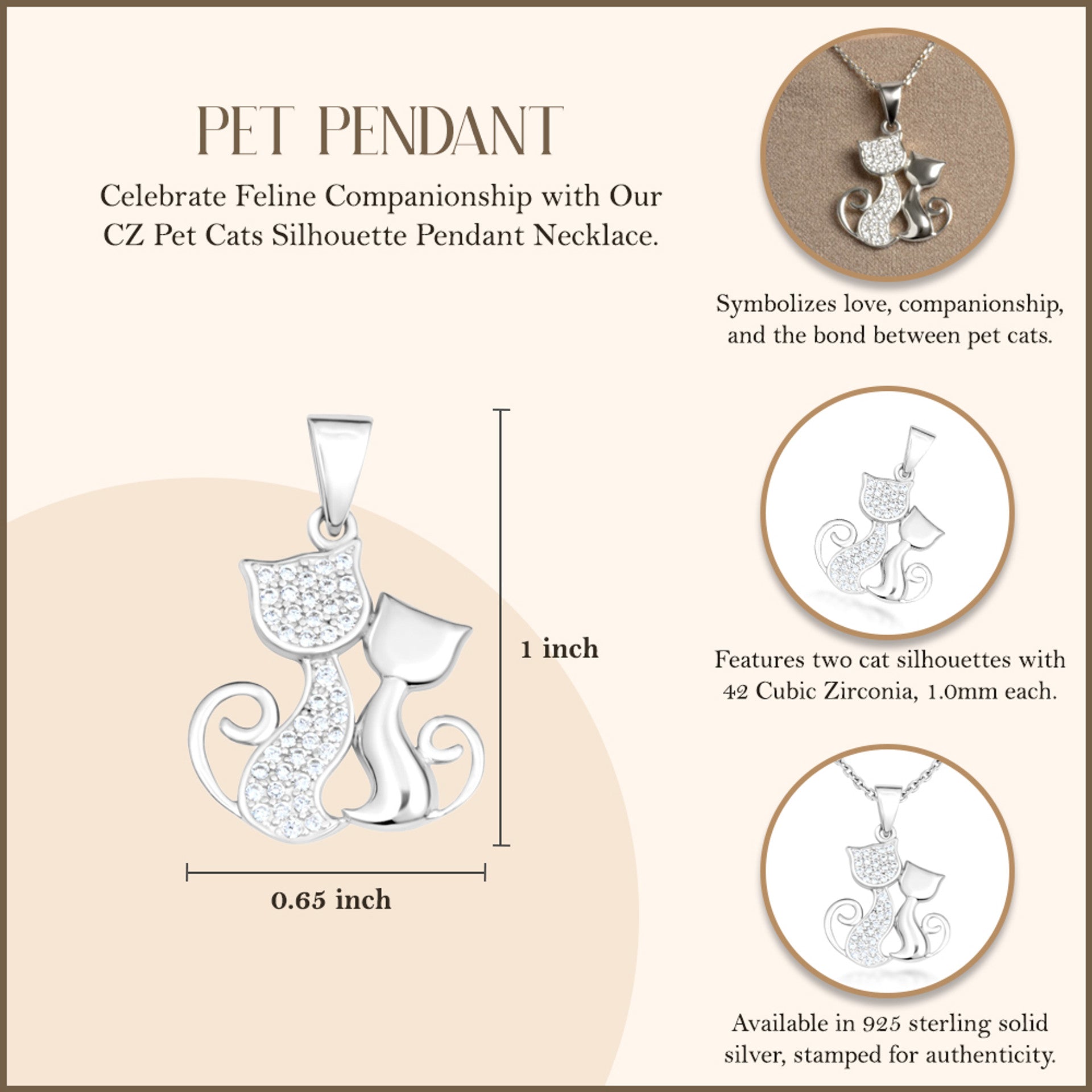 .925 Sterling Silver Cubic Zirconia Pet Cats Silhouette Pendant Necklace