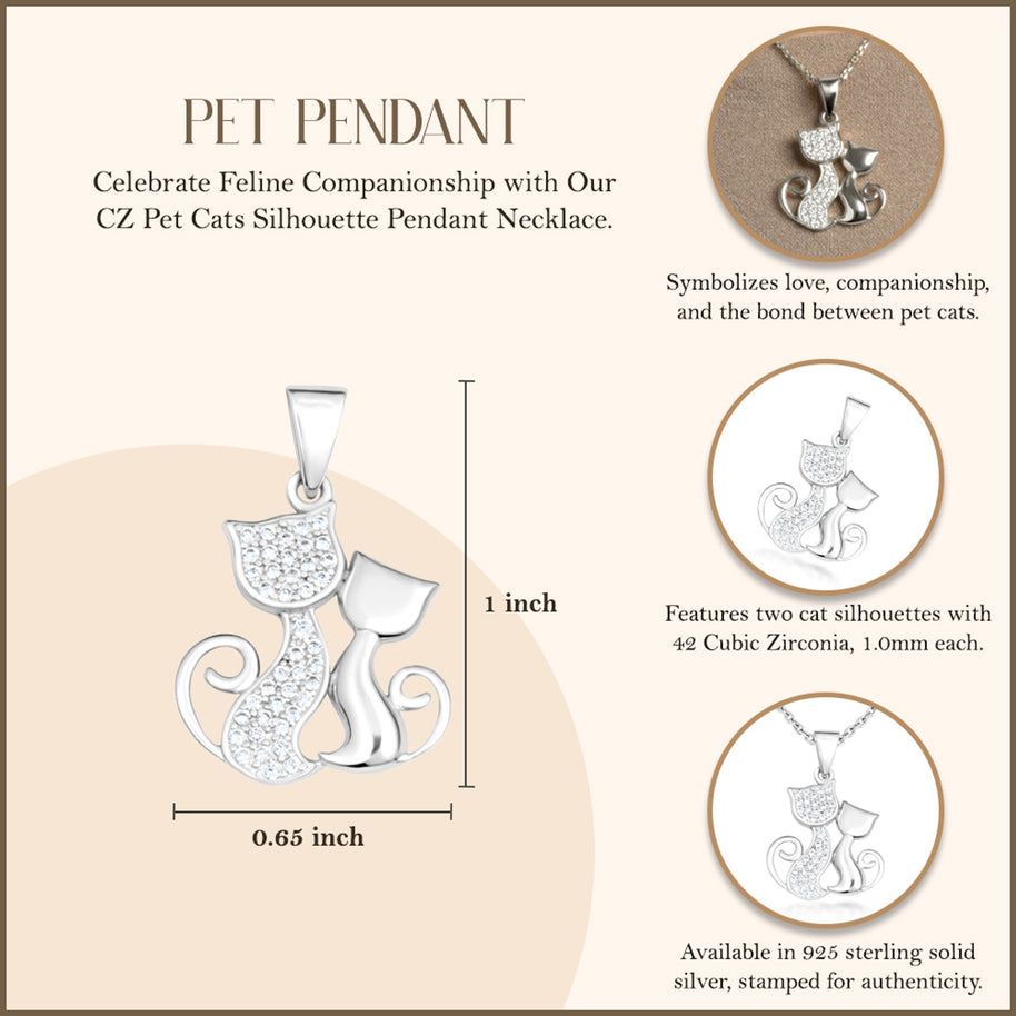 .925 Sterling Silver Cubic Zirconia Pet Cats Silhouette Pendant Necklace