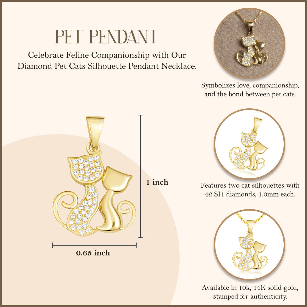 Gold Cubic Zirconia Pet Cats Silhouette Pendant Necklace (Available in Yellow/Rose/White Gold)