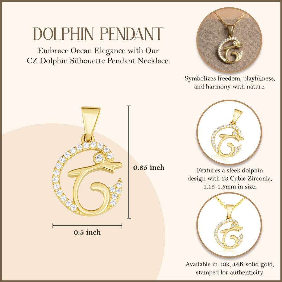Gold Cubic Zirconia Dolphin Silhouette Pendant Necklace (Available in Yellow/Rose/White Gold)