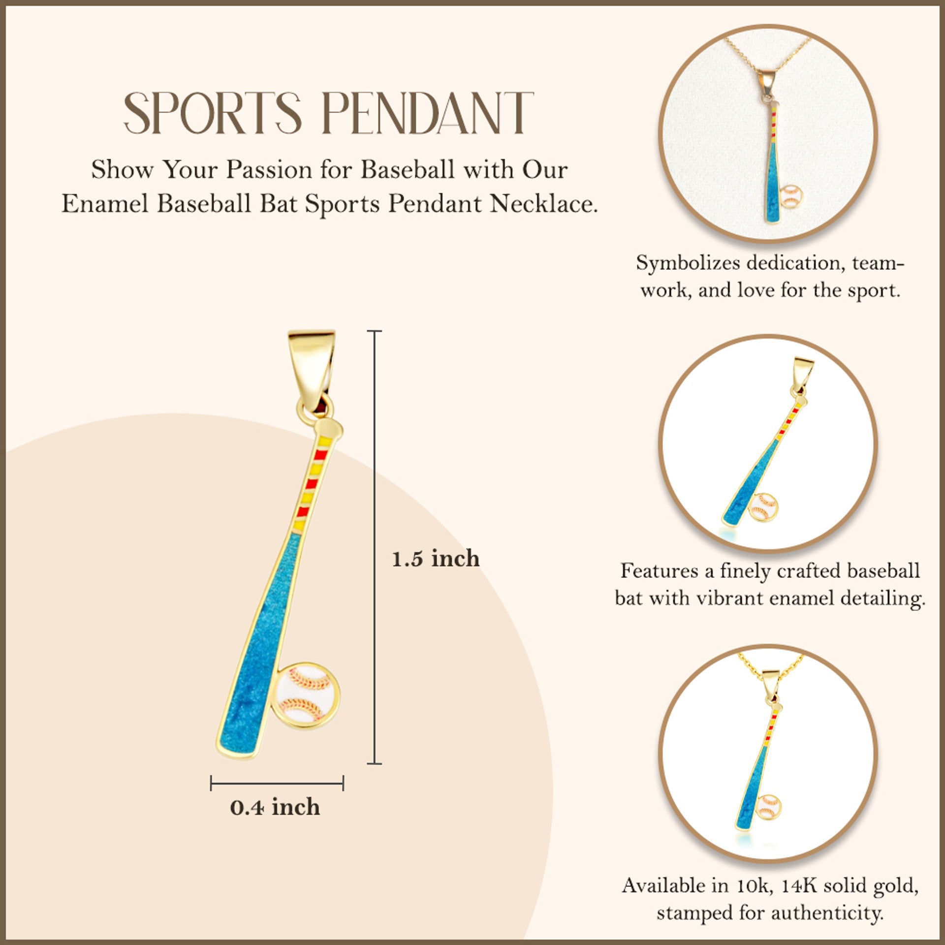 Gold Enamel Baseball Bat Sports Pendant Necklace (Available in Yellow/Rose/White Gold)