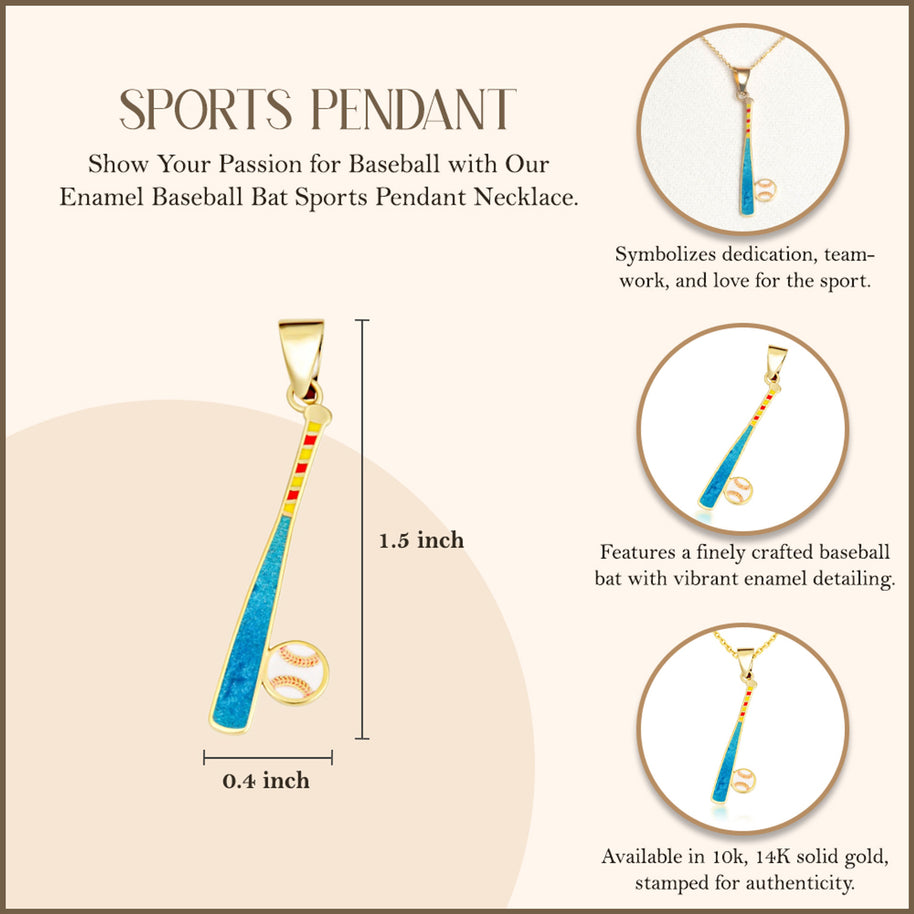 Gold Enamel Baseball Bat Sports Pendant Necklace (Available in Yellow/Rose/White Gold)