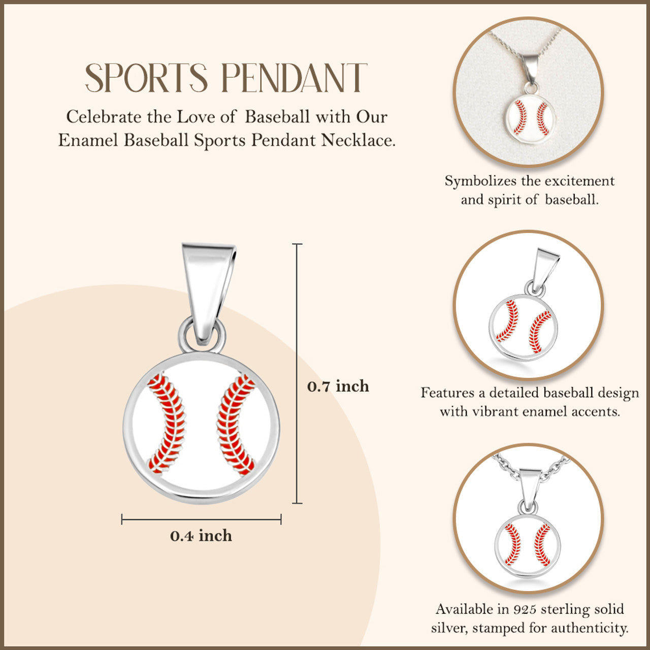 .925 Sterling Silver Enamel Baseball Sports Pendant Necklace