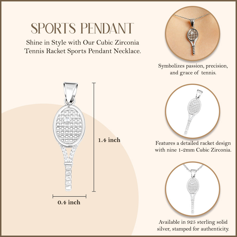 .925 Sterling Silver Cubic Zirconia Tennis Racket Sport Pendant Necklace