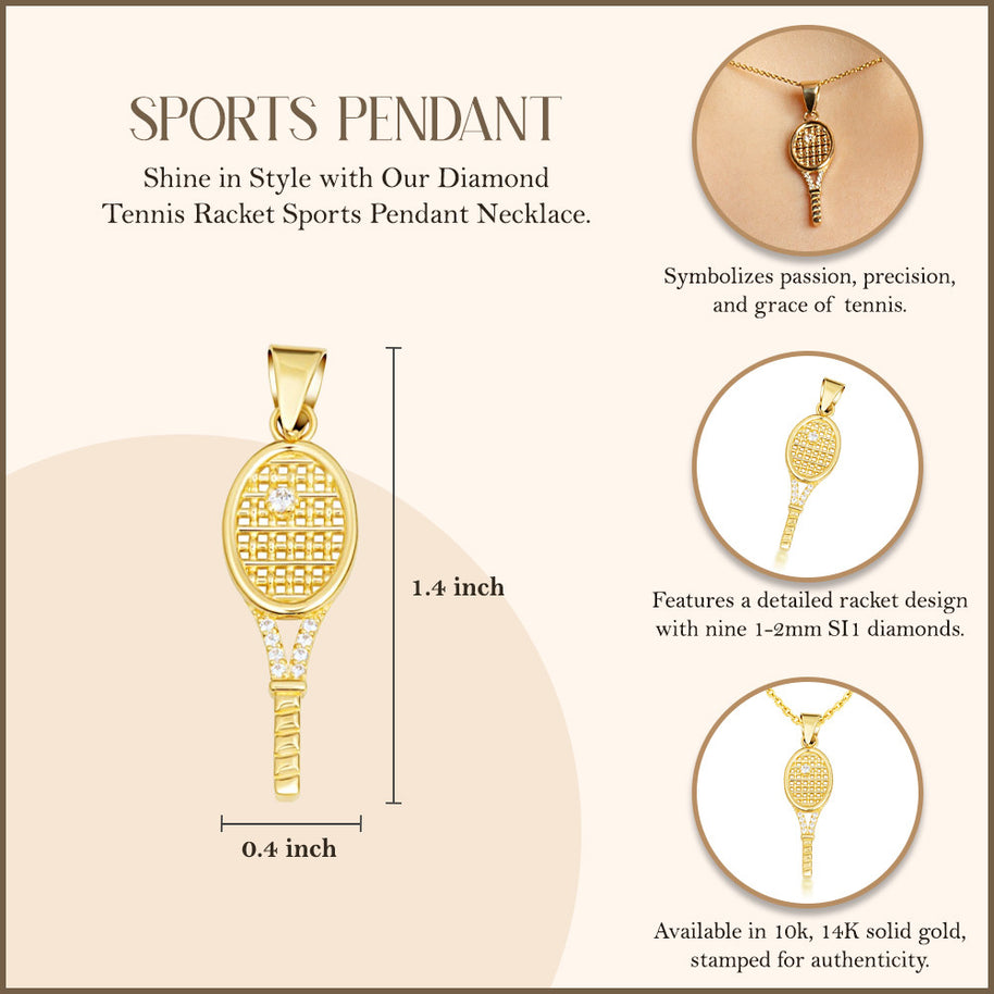 Gold Diamond Tennis Racket Sports Pendant Necklace (Available in Yellow/Rose/White Gold)