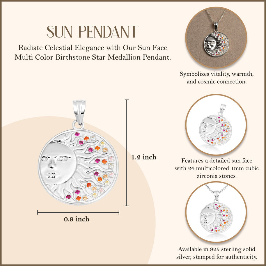 .925 Sterling Silver Sun Face Multi Color Birthstone Star Medallion Pendant Necklace