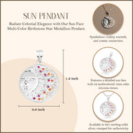 .925 Sterling Silver Sun Face Multi Color Birthstone Star Medallion Pendant Necklace
