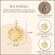 Gold Sun Face Multi Color Birthstone Star Medallion Pendant Necklace (Available in Yellow/Rose/White Gold)