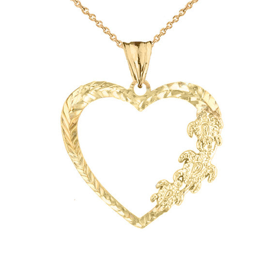 Gold Hawaiian Honu Turtles Heart Pendant Necklace(Available In Yellow/Rose/White/Two Tone Gold)
