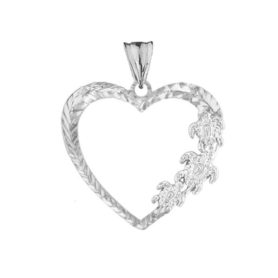 Hawaiian Honu Turtles Heart Pendant Necklace in Sterling Silver