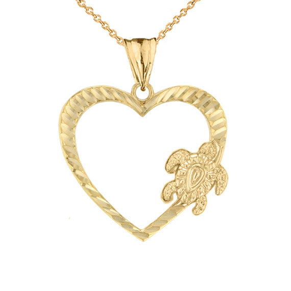 Gold Honu Hawaiian Turtle Heart Pendant Necklace(Available In Yellow/Rose/White Gold)