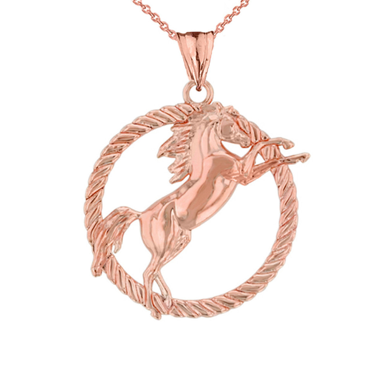 Gold Stallion Horse Rope Pendant Necklace (Available In Yellow/Rose/White/Two Tone Gold)