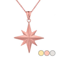 Solid Gold Satin Finish Elegant North Star Pendant Necklace (Available in Yellow/Rose/White Gold)