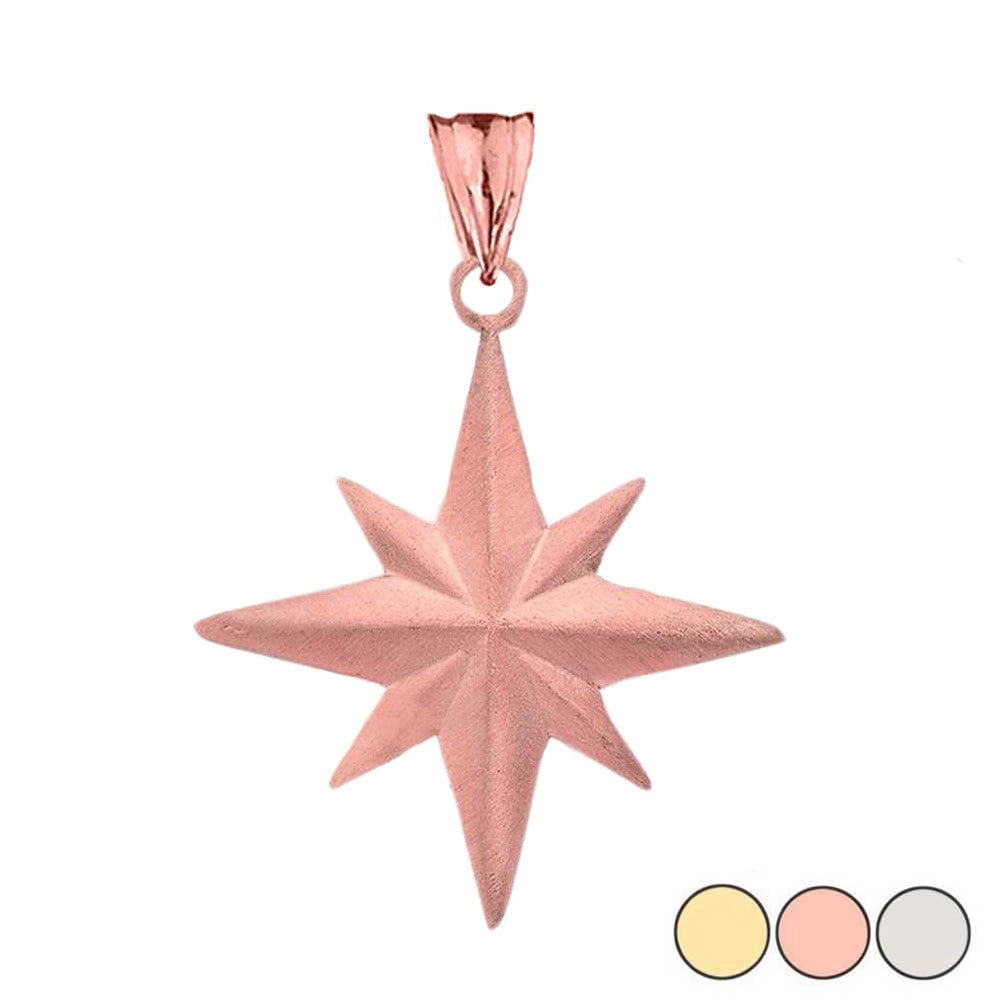 Solid Gold Satin Finish Elegant North Star Pendant Necklace (Available in Yellow/Rose/White Gold)