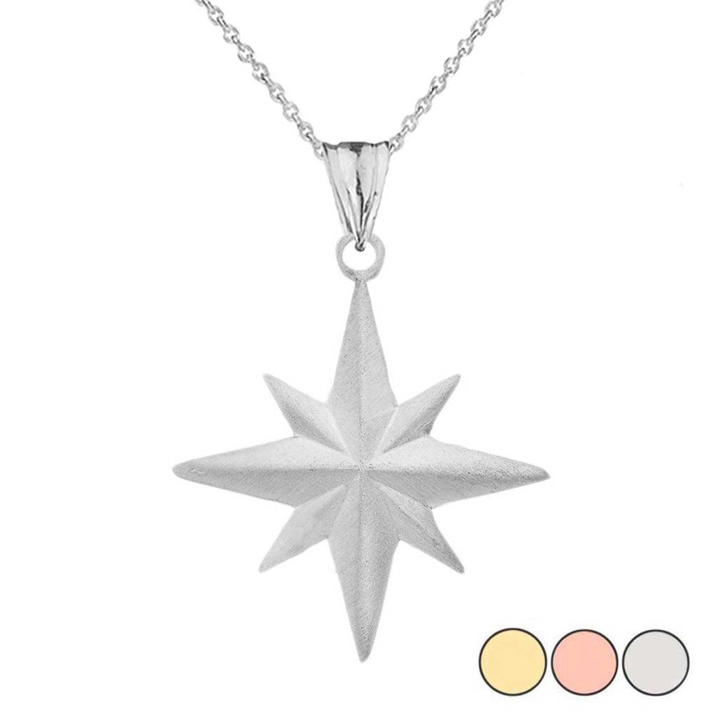Solid Gold Satin Finish Elegant North Star Pendant Necklace (Available in Yellow/Rose/White Gold)