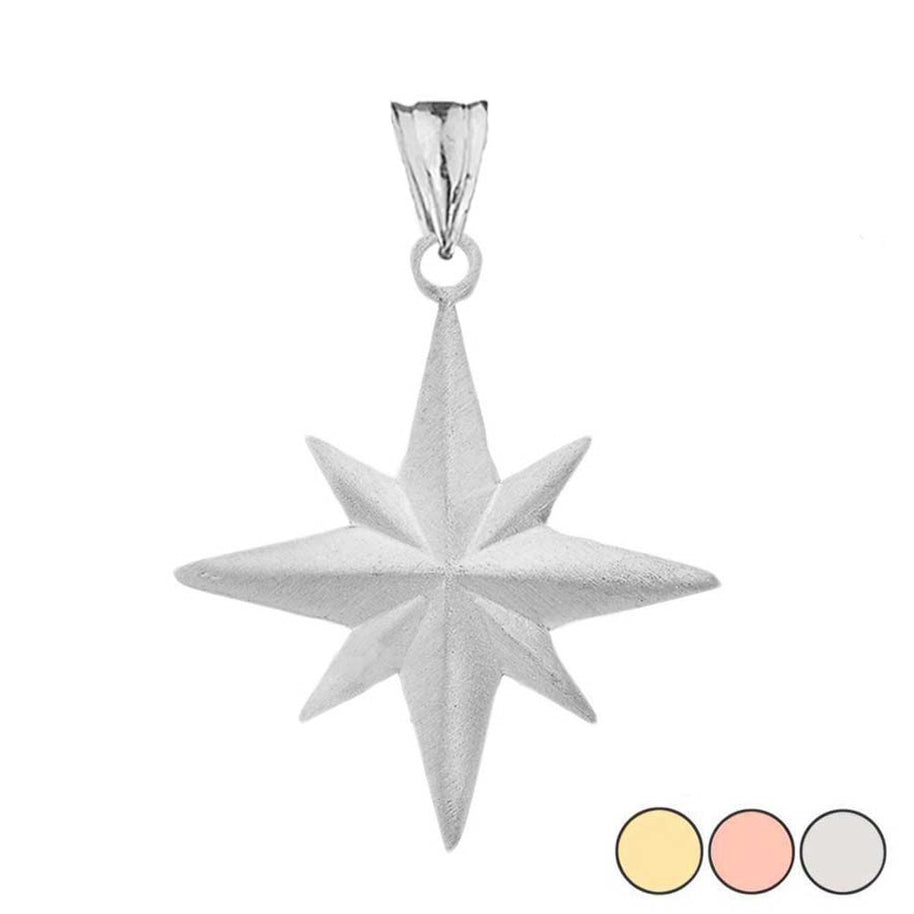 Solid Gold Satin Finish Elegant North Star Pendant Necklace (Available in Yellow/Rose/White Gold)
