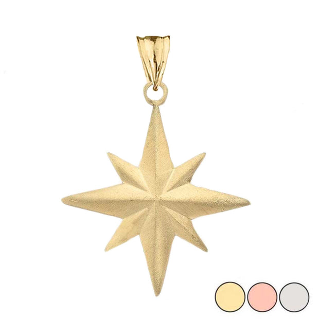 Solid Gold Satin Finish Elegant North Star Pendant Necklace (Available in Yellow/Rose/White Gold)