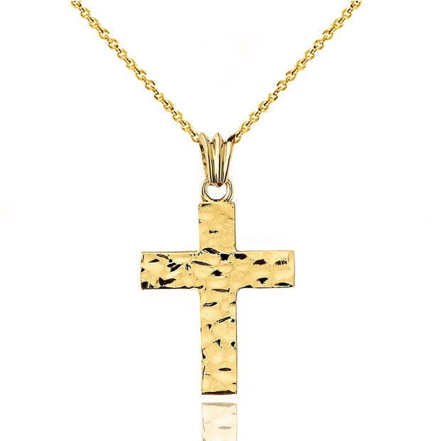 Hammered Solid Cross in Yellow Gold (1.3")