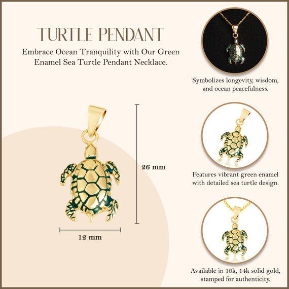 Gold Green Enamel Sea Turtle Pendant Necklace (Available in Yellow/Rose/White Gold)