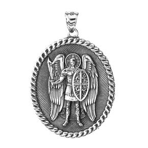 Sterling Silver Saint Michael Protect Us Shield Pendant Necklace