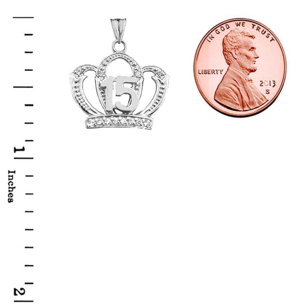 .925 Sterling Silver Cubic Zirconia Crown 15 Años Quinceañera Textured Pendant Necklace