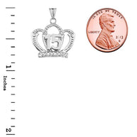 .925 Sterling Silver Cubic Zirconia Crown 15 Años Quinceañera Textured Pendant Necklace