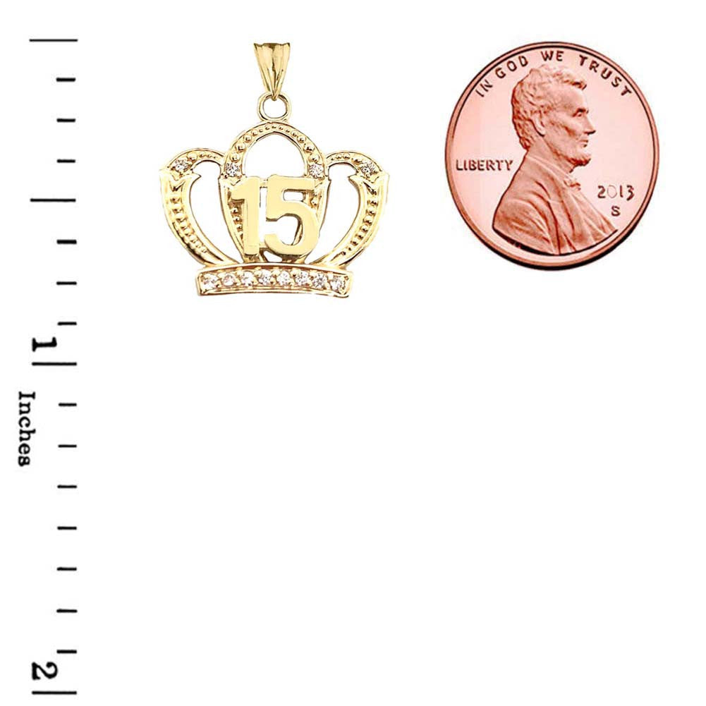 Solid Gold Cubic Zirconia Crown 15 Años Quinceañera Textured Pendant Necklace (Available in Yellow/Rose/White Gold)