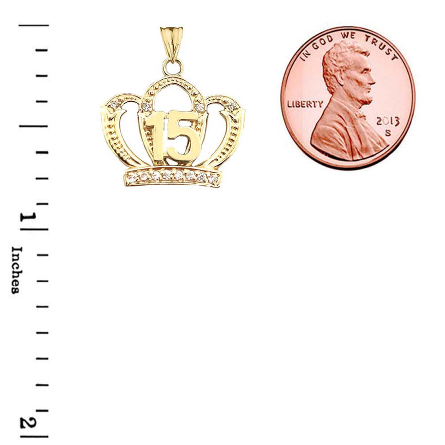 Solid Gold Cubic Zirconia Crown 15 Años Quinceañera Textured Pendant Necklace (Available in Yellow/Rose/White Gold)
