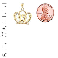 Solid Gold Cubic Zirconia Crown 15 Años Quinceañera Textured Pendant Necklace (Available in Yellow/Rose/White Gold)