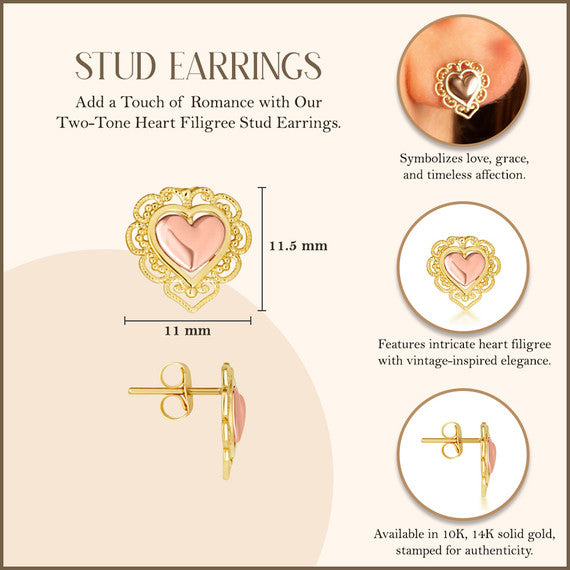 Two-Tone Gold Heart Filigree Stud Earrings (Available in Two-Tone/Yellow/Rose Gold)