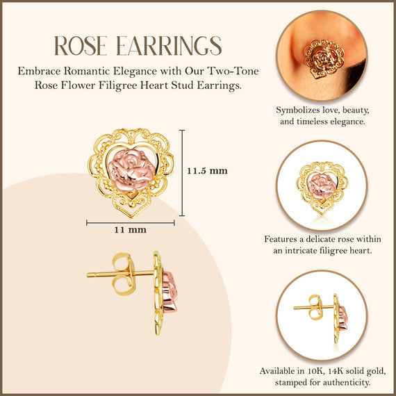 Two-Tone Gold Rose Flower Filigree Heart Stud Earrings (Available in Two-Tone Gold)