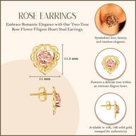 Two-Tone Gold Rose Flower Filigree Heart Stud Earrings (Available in Two-Tone Gold)