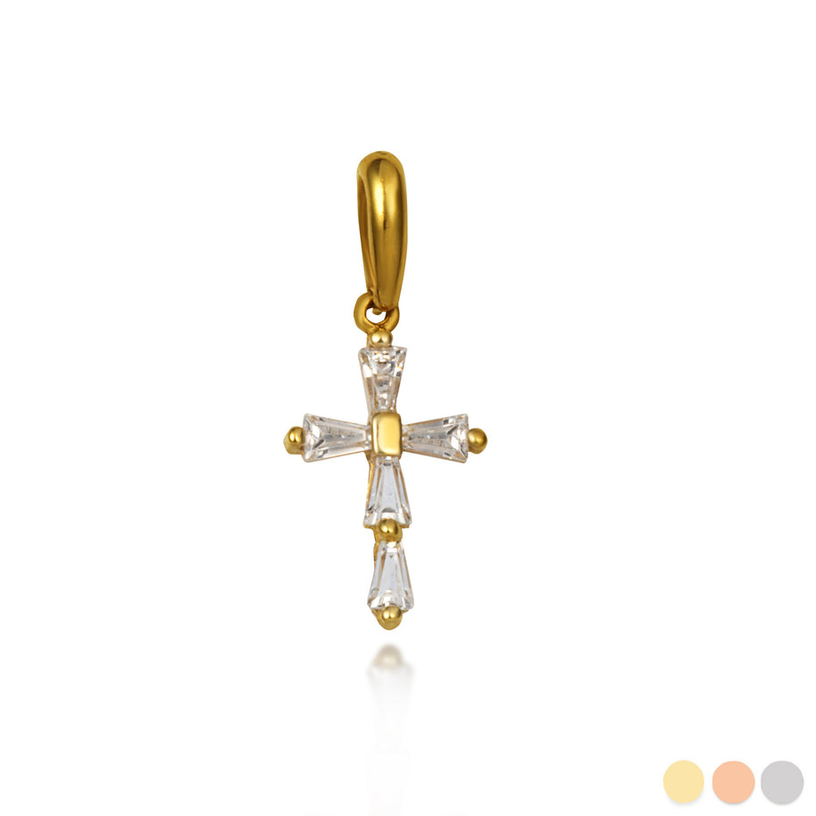 Gold Clear Tapered Baguette Cross Pendant Necklace (Available in Yellow/Rose/White Gold)