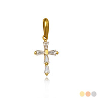 Gold Clear Tapered Baguette Cross Pendant Necklace (Available in Yellow/Rose/White Gold)