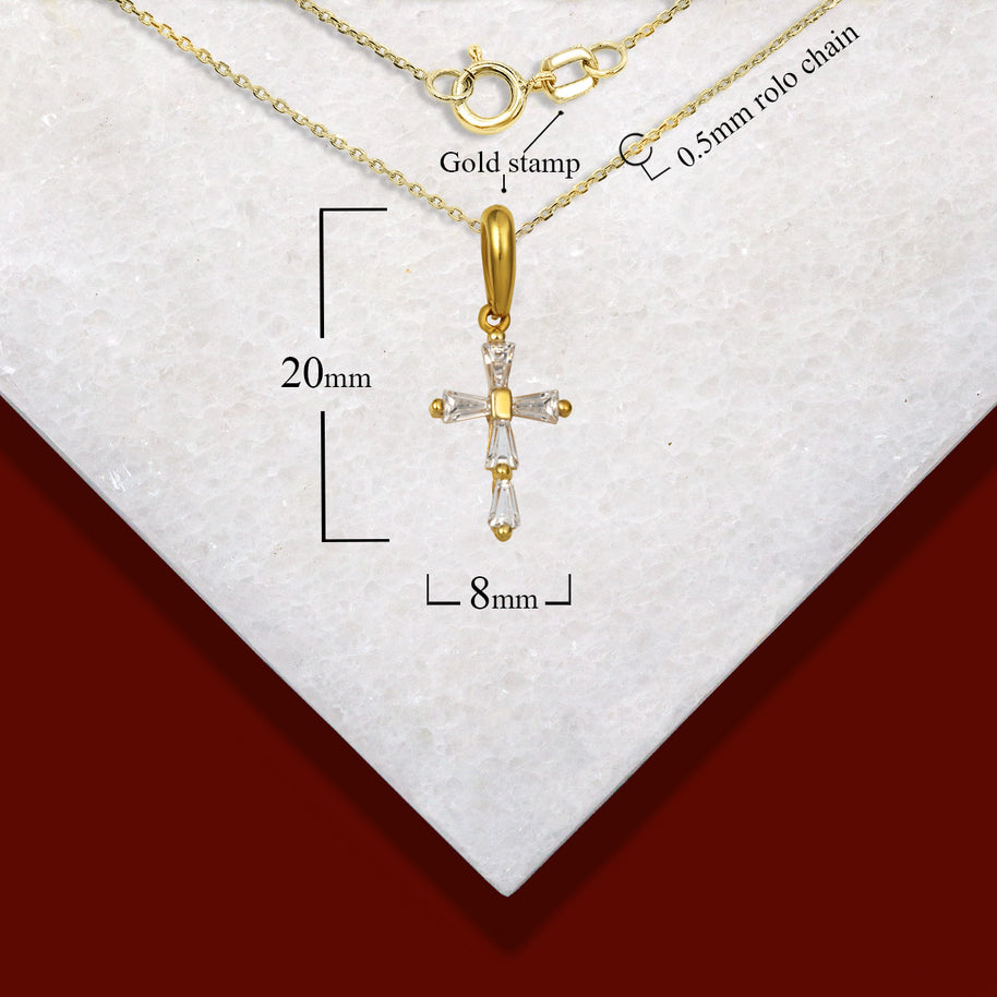 Gold Clear Tapered Baguette Cross Pendant Necklace (Available in Yellow/Rose/White Gold)
