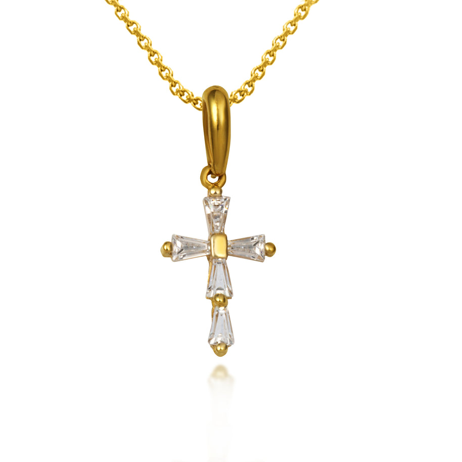 Gold Clear Tapered Baguette Cross Pendant Necklace (Available in Yellow/Rose/White Gold)