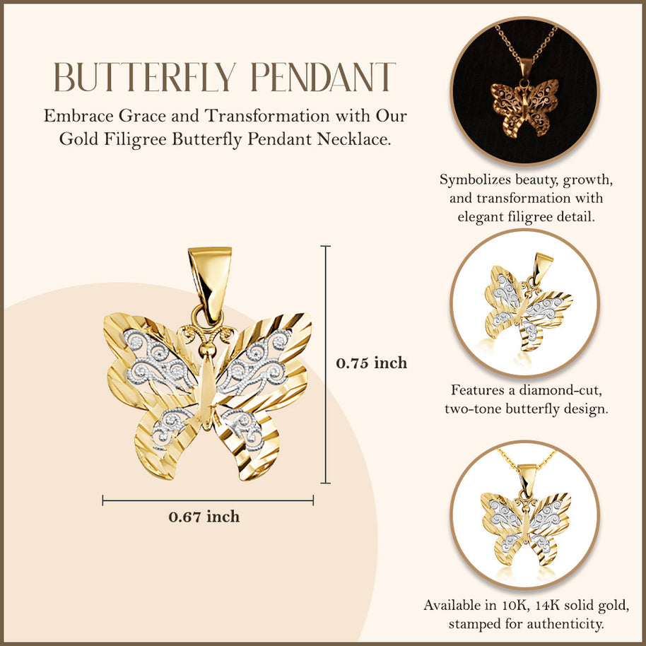 Solid Gold Butterfly Pendant Necklace in Two-Tone (Available in Yellow/Rose/White)