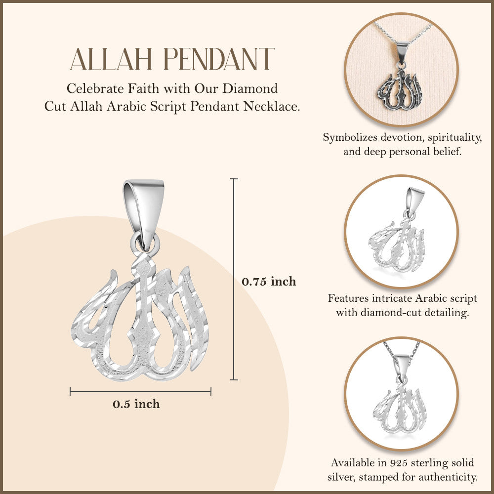 .925 Sterling Silver Diamond Cut Allah Arabic Script Pendant Necklace