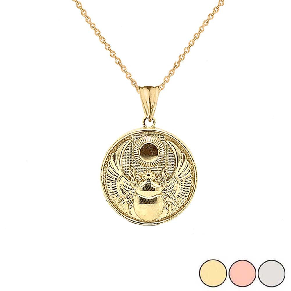Solid Gold Ancient Egyptian Scarab Beetle and Sun Disc Pendant Necklace (Available in Yellow/Rose/White)