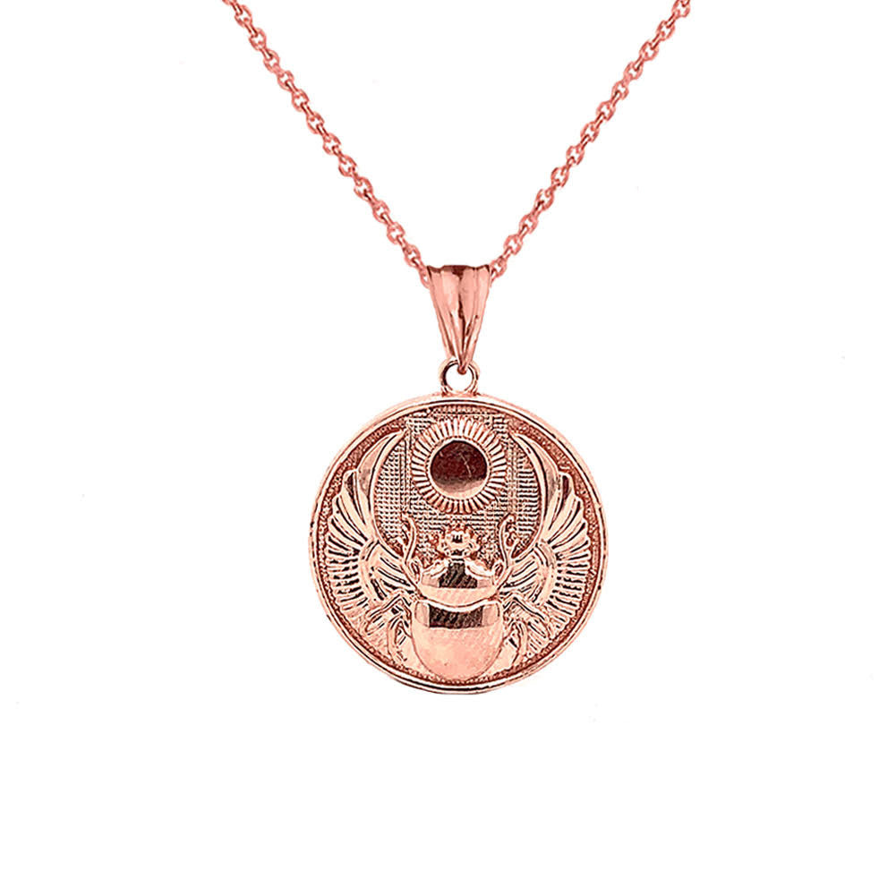 Solid Gold Ancient Egyptian Scarab Beetle and Sun Disc Pendant Necklace (Available in Yellow/Rose/White)